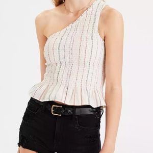 American Eagle One Shoulder Smocked Crop‎ Top Peplum Hem Creme Striped Linen